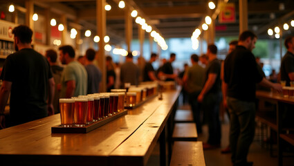 Cultural beer festival exposition featuring long wooden tables lined with variety craft beers and patrons sampling while strolling vendor stalls in  Photo Stock  Concept  and empty space on the left s