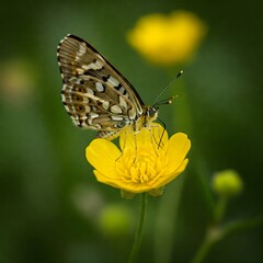 Obraz premium Macrophotograph of a butterfly landing on a blooming yellow wildflower.