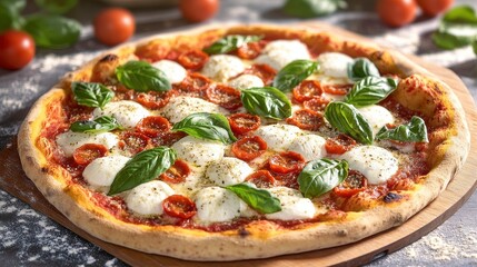 Freshly baked pizza topped with mozzarella, cherry tomatoes, and basil