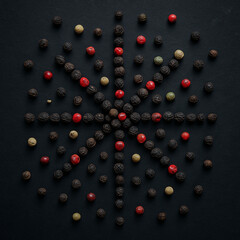 Pfefferkompass - Farbige Pfefferk&ouml;rner als sternf&ouml;rmige Komposition Pepper Compass - Multicolored Peppercorns in Radial Composition 