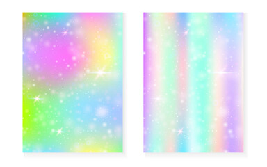 Magic background with princess rainbow gradient. Kawaii unicorn hologram. Holographic fairy set. Spectrum fantasy cover. Magic background with sparkles and stars for cute girl party invitation.