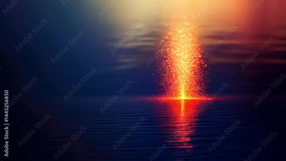 Poster mesmerizing reflection of vibrant orange and red sparks on calm water surface, creating tranquil glo