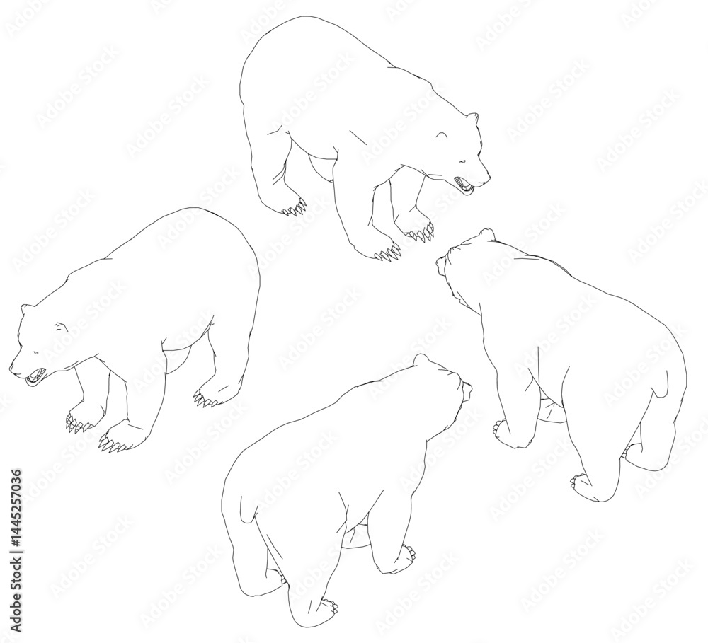 Poster four bears are standing in a circle. the bears are all facing the same direction. isometric view