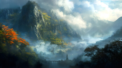Foggy forest fantasy matte painting.