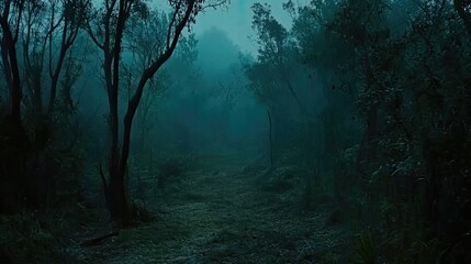 Obraz premium Eerie Foggy Forest Path with Mystical Nature Scene.