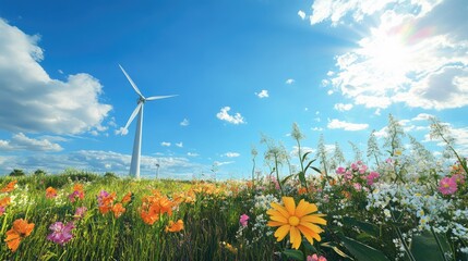 A vibrant field of colorful wildflowers under a bright blue sky with fluffy clouds, featuring a tall wind turbine in the background, symbolizing renewable energy and nature's beauty