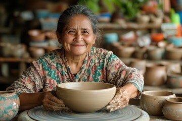 Smiling woman holds a clay bowl she made on a pottery wheel. Perfect for ads about craft, tradition, or small local business.