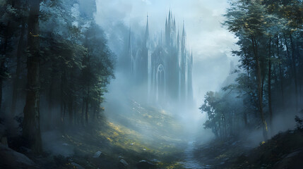 Obraz premium Foggy forest fantasy matte painting.