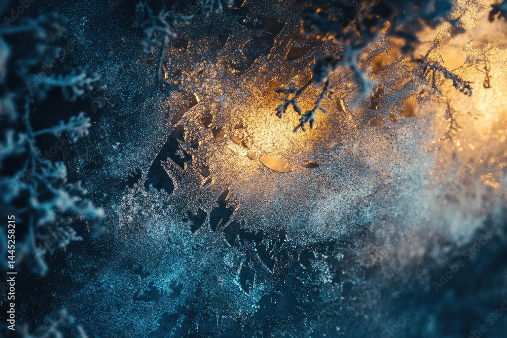 Poster intricate frost patterns on a winter window, illuminated by warm light, creating a magical, ethereal