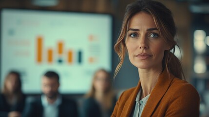 Fototapeta premium A businesswoman presenting growth data to her team in a bright, modern office.