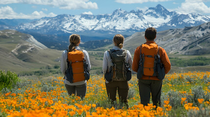 Hikers enjoy mountain view in wildflower field