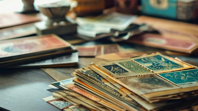 Exploration of vintage stamp collection with detailed stamps and wooden desk