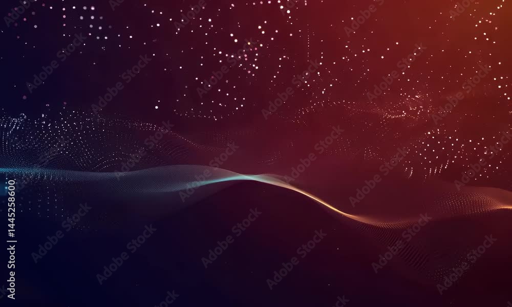 Poster abstract digital wave of glowing particles and energy flows in a dark background.