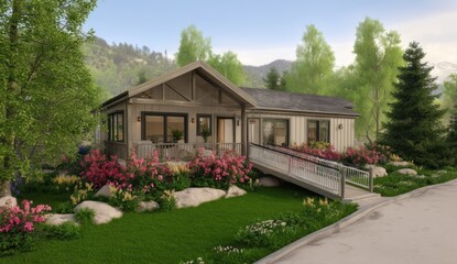 A charming residence home nestled near trees and a garden , this house is suitable for disabled or elderly people. There is a wheelchair ramp for easy access and a modern design.