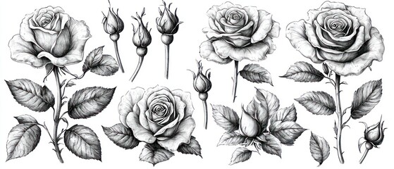Detailed monochrome illustration of various roses in different stages of bloom, accompanied by leaves and buds