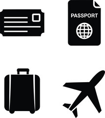 Travel Essentials Icon Set – Vector Silhouettes of Passport, Ticket, Luggage, and Airplane for Tourism and Vacation Themes