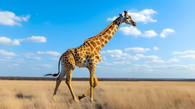 A majestic giraffe gracefully walking through a lush green field under a bright blue sky
