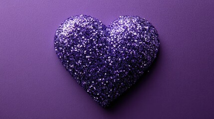 Fototapeta premium A vibrant purple glitter heart resting on a smooth purple surface, symbolizing love and creativity, perfect for romantic themes or artistic projects
