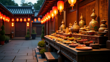 Vibrant Traditional Dishes and Incense Sticks on Ornate Ancestral Altar at Dusk During Obon Festival - Captivating Photo Stock Concept with Lanterns and Empty Space for Text