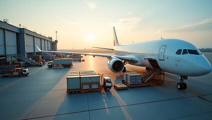 Aerial View of Air Cargo Operations: Airplane Loading Freight Containers for International Transport - Stock Photo with Empty Space for Text
