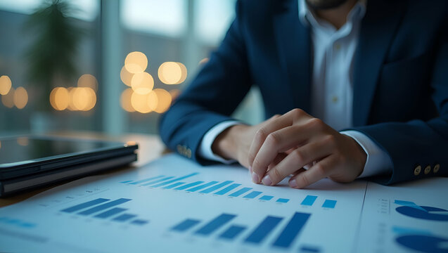 Corporate Strategists Analyzing Financial Graphs: Assessing Investment Risks & Portfolio Adjustments with Comparative Charts - Stock Photo Concept