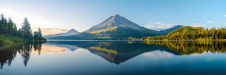 Volcanic mountain in morning light reflected in calm waters of lake.