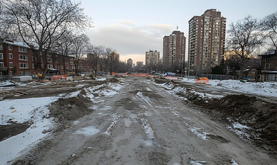 Obraz premium Urban construction site with dirt and snow, surrounded by residential buildings at dusk