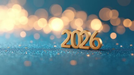 Golden 3D numbers 2026 on sparkling blue glitter background, luxurious New Year celebration scene with festive golden bokeh particles and magical night atmosphere, 3D, Copy Space, Isolated..