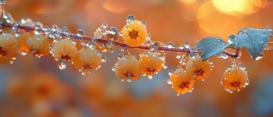 Dew-kissed berries on a branch, bathed in warm, golden light.  Close-up showcasing the glistening droplets