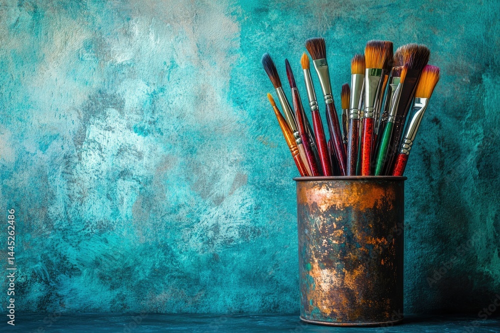 Poster a collection of paintbrushes in a rustic metal container against a textured teal backdrop.