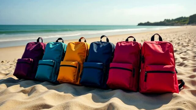 Six colorful backpacks arranged on warm beach sand with ocean and blue sky in background, symbolizing travel, summer, and adventure fun