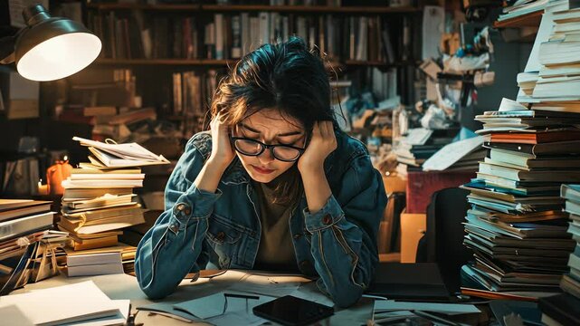 Student struggles with heavy workload at study desk surrounded by books and notes late at night