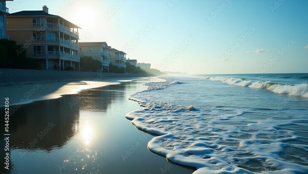 Poster rising sea level: panoramic view of ocean encroaching on beachfront properties with flooded roads an