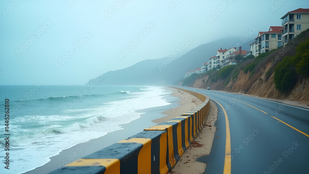 Poster rising sea levels: panoramic view of flooded beachfront properties with warning signs and encroachin