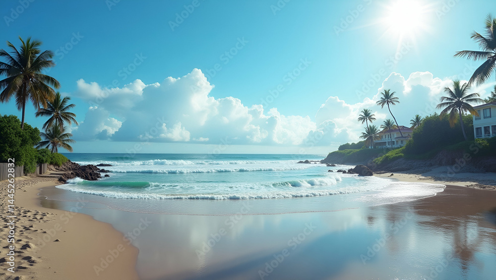 Poster rising sea levels: panoramic view of flooded beachfront properties with warning signs and encroachin