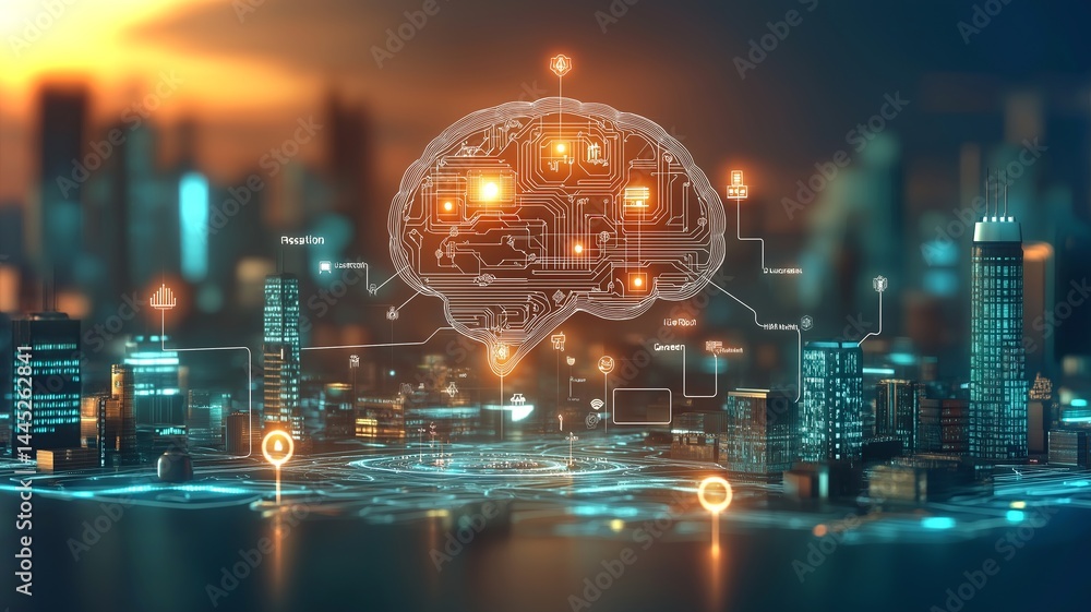 Poster a stunning urban skyline is illuminated by sunset as a digital brain design glows above the city, re