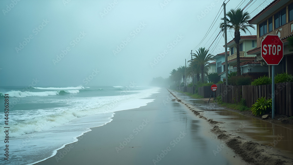 Poster rising sea level: panoramic view of ocean encroachment on beachfront properties with flooded roads a
