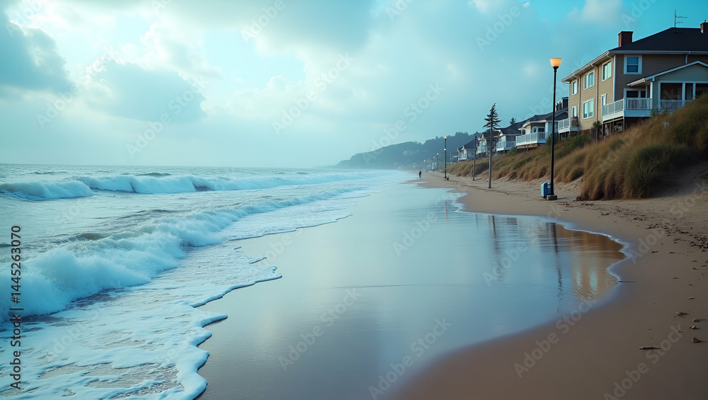 Poster rising sea levels: a panoramic view of flooded beachfront properties with warning signs and encroach