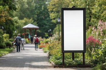 Blank billboard in park setting beside flowerbeds and a path for pedestrians.