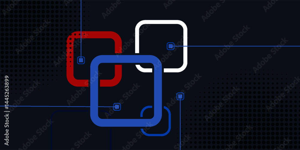 Poster banner web template design rounded squares geometric blue and red on black background with space for