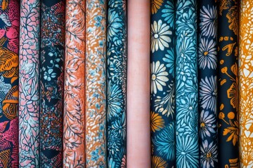 Colorful quilting batik fabrics stacked together create a vibrant background image