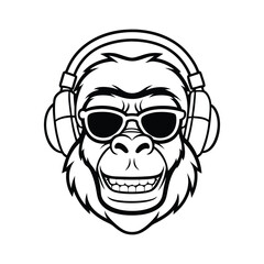 Fototapeta premium Line art drawing of a gorilla head wearing a headphones and sunglasses.eps