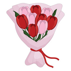 A charming bouquet of red and pink tulips wrapped in light pink paper. The base of the bouquet is tied with a red ribbon, which gives the bouquet a festive look.