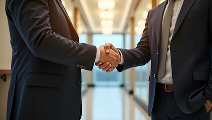Business Partners Exchanging Firm Handshake in Corporate Lobby - Negotiating Agreement in Formal Attire, Polished Environment Reflecting Professionalism, Empty Space Left