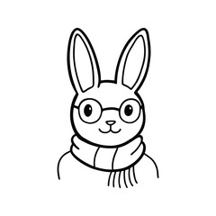 Line art drawing of a rabbit head wearing round glasses and a scarf.eps