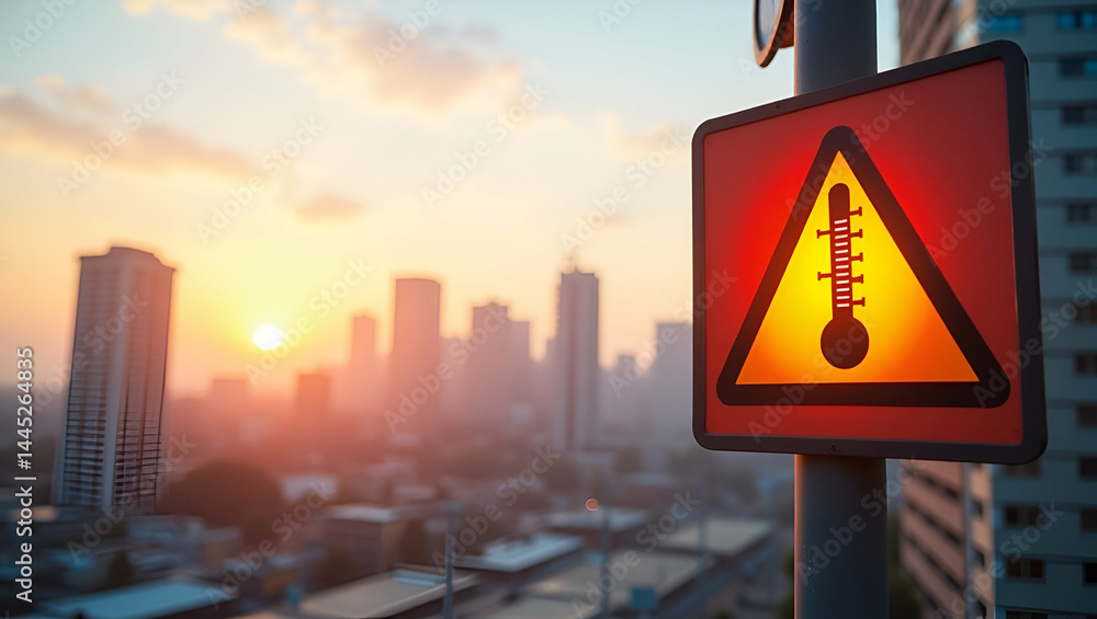 Poster urban heatwave warning: high-resolution alert banner with thermometer icon and temperature map for p