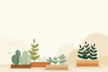 Flat illustration of small backyard vegetable garden, cozy rural life concept, pastel warm tones, minimalist garden beds with green plants, Flat Illustration..