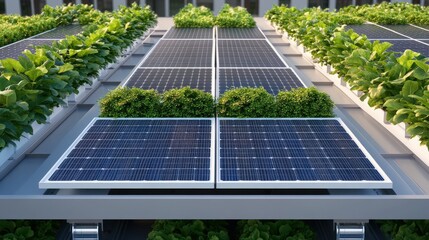 A low-angle shot shows solar panels intermixed with green plants. 
