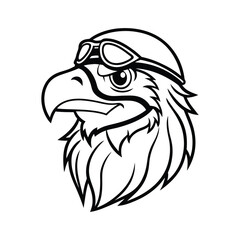 Line art drawing of an eagle head wearing a leather biker helmet with goggles.eps