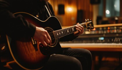 Fototapeta premium Musician playing acoustic guitar in recording studio